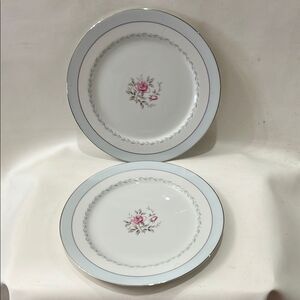 Regency White Blue Silver Trim Pink Floral Rose Set 2 Dinnerware Plate 10 1/4 In